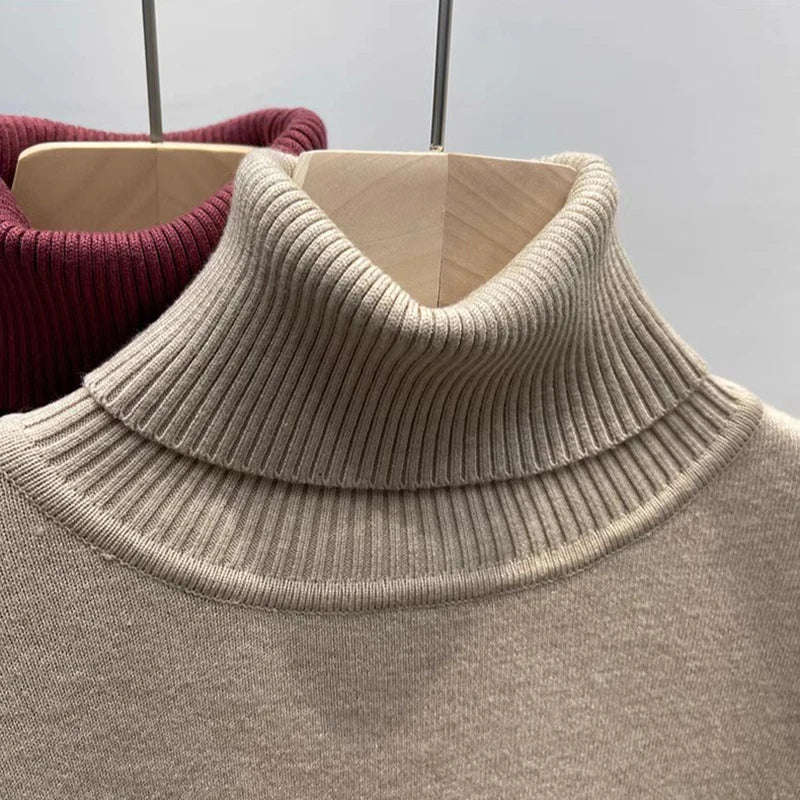 Velvet-Lined Turtleneck Knitted Sweater