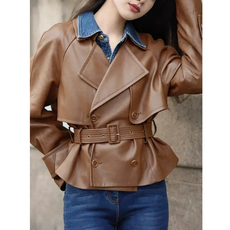 Cropped Genuine Leather Double-Breasted Belted Jacket