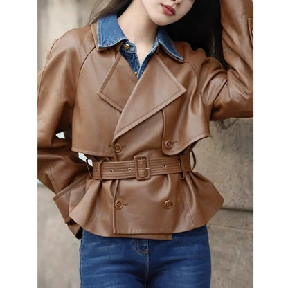 Cropped Genuine Leather Double-Breasted Belted Jacket