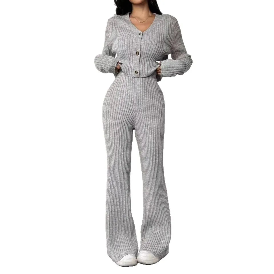 Ribbed V-Neck Cardigan Two-Piece Set