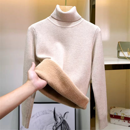 Velvet-Lined Turtleneck Knitted Sweater