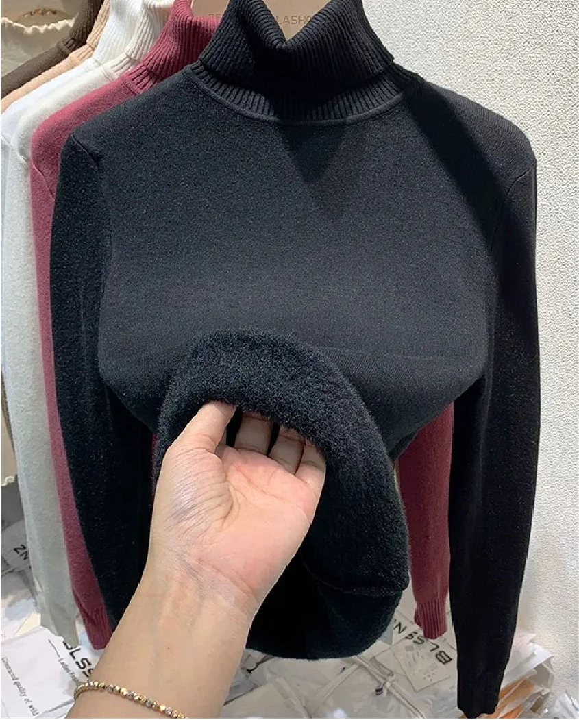 Velvet-Lined Turtleneck Knitted Sweater