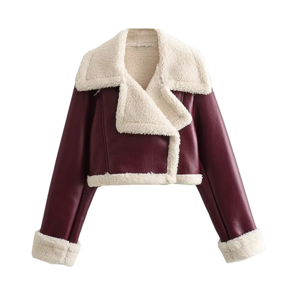 Double-Sided Shearling-Lined Cropped Leather-Effect Jacket