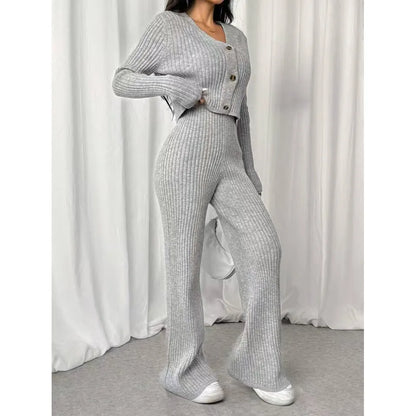 Ribbed V-Neck Cardigan Two-Piece Set