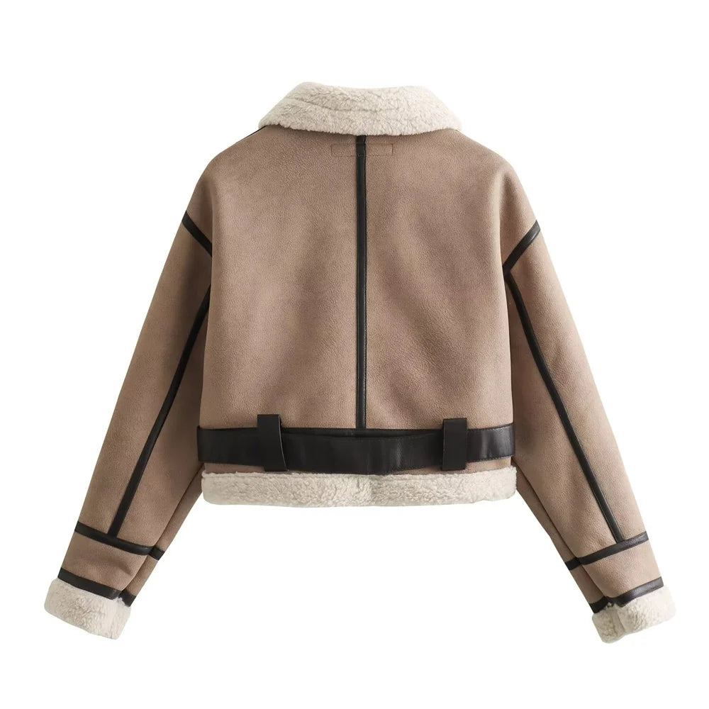 Short Shearling-Lined Leather-Effect Winter Jacket