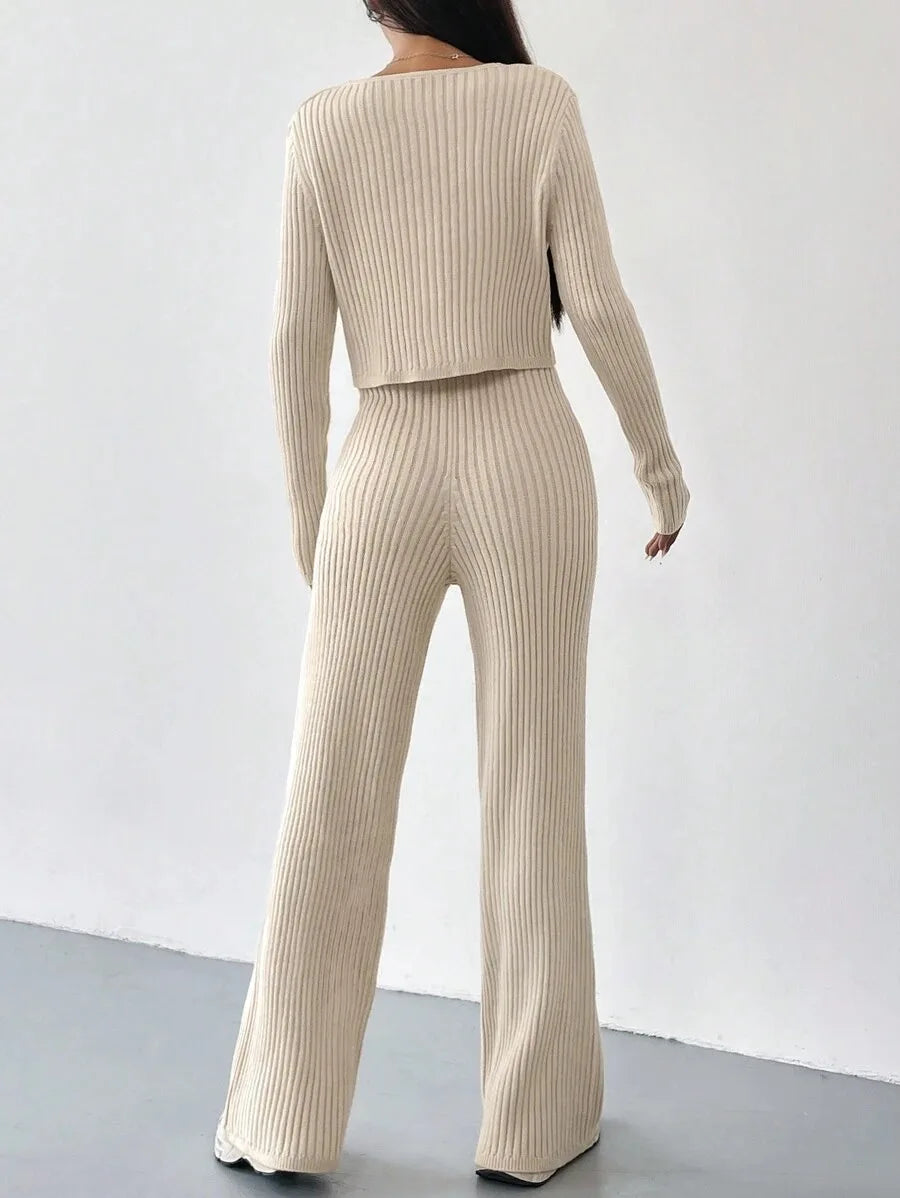 Ribbed V-Neck Cardigan Two-Piece Set