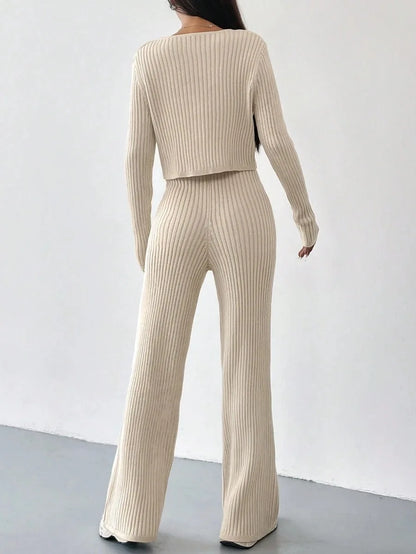 Ribbed V-Neck Cardigan Two-Piece Set