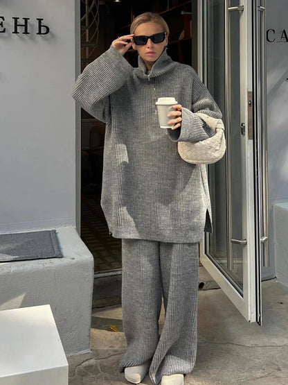 Half-Zip Turtleneck Knitted Two-Piece Set