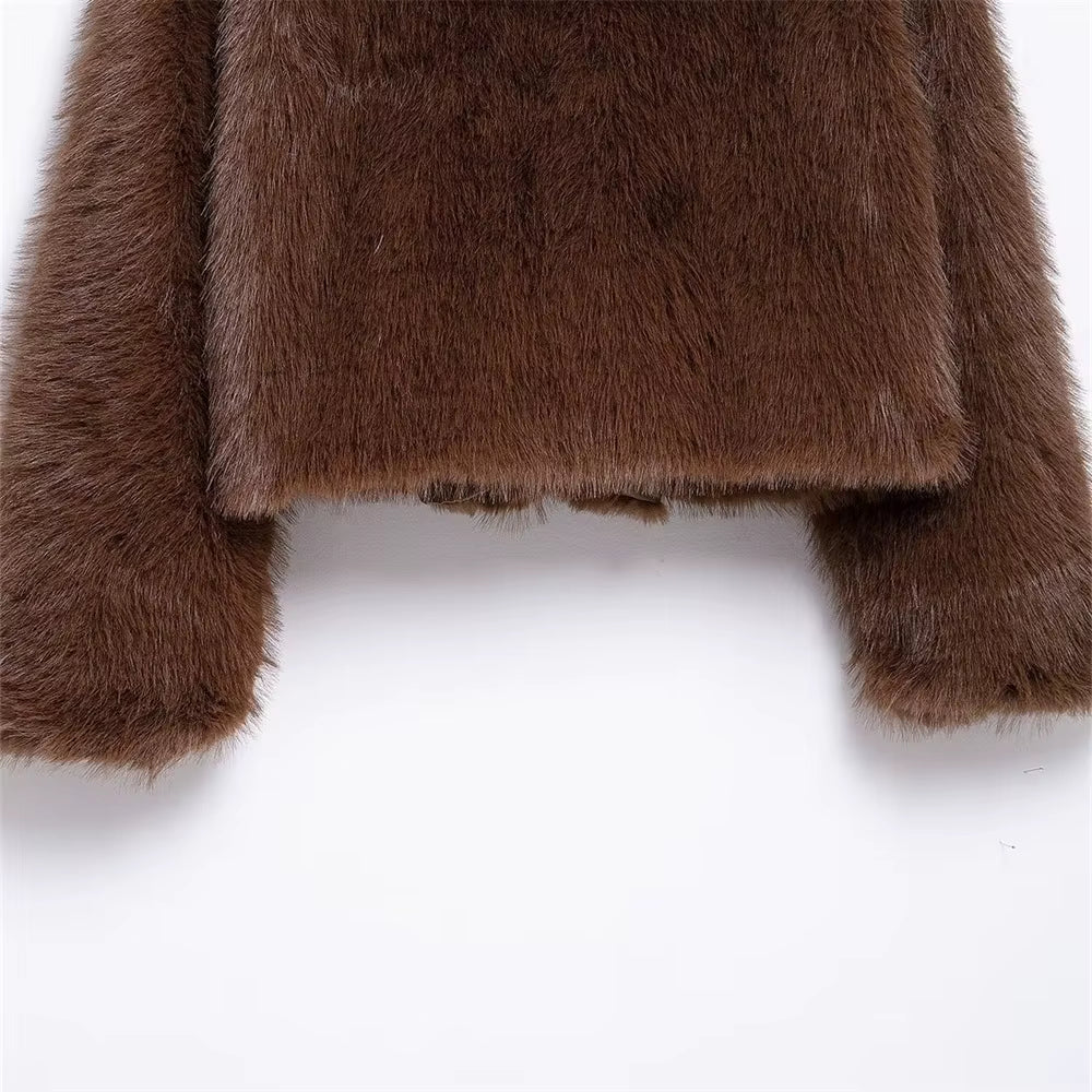 Soft Faux Fur Short Coat with Wide Lapel