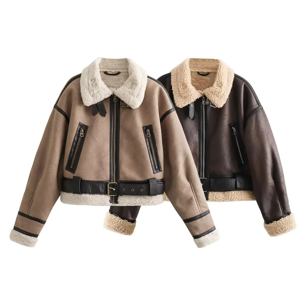 Short Shearling-Lined Leather-Effect Winter Jacket