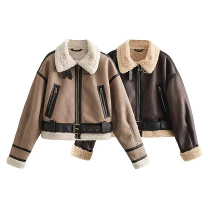 Short Shearling-Lined Leather-Effect Winter Jacket