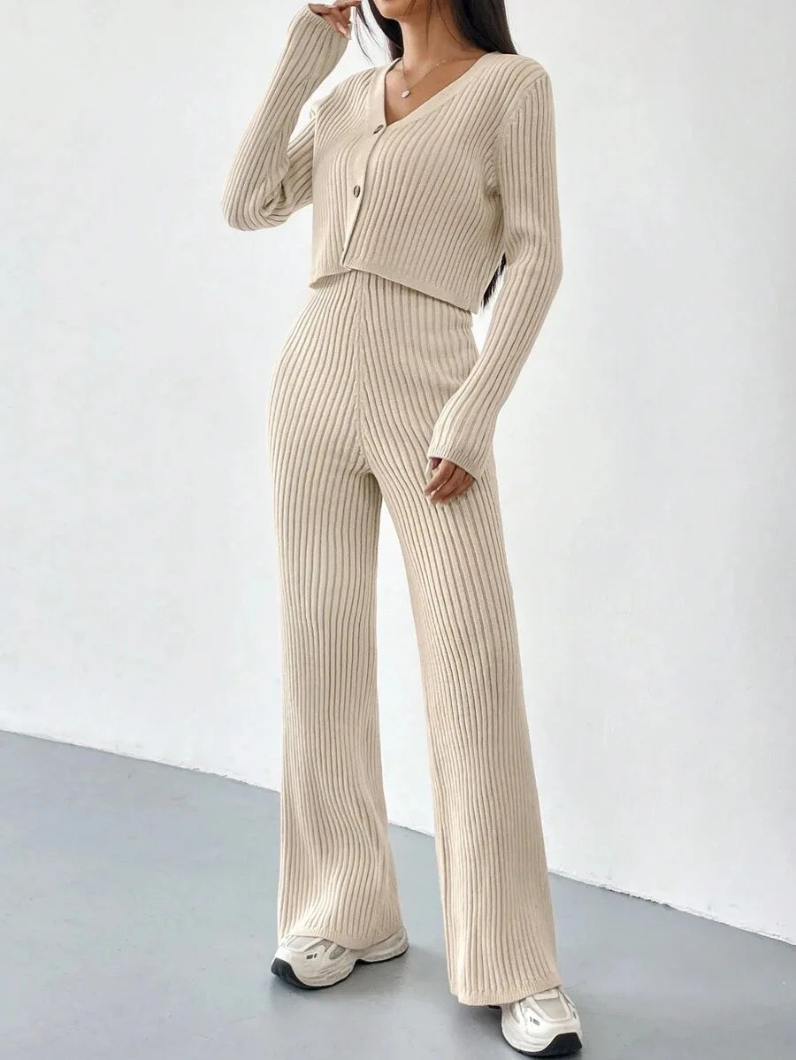 Ribbed V-Neck Cardigan Two-Piece Set