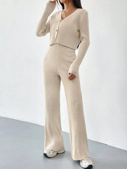 Ribbed V-Neck Cardigan Two-Piece Set