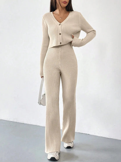 Ribbed V-Neck Cardigan Two-Piece Set