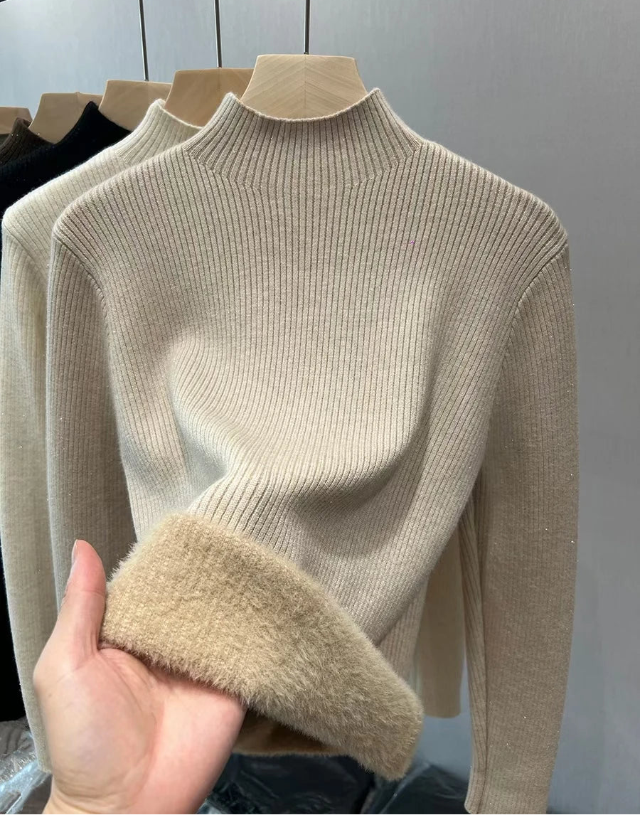 Velvet-Lined Turtleneck Knit Sweater