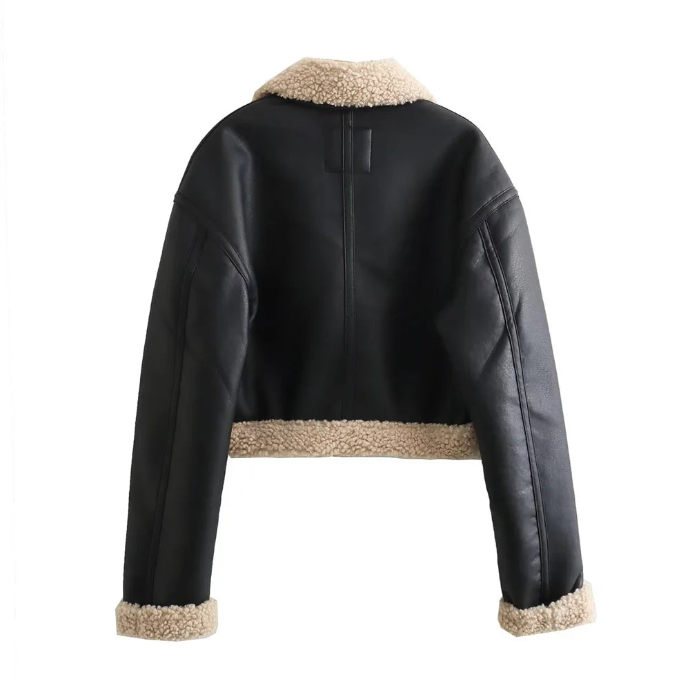 Cropped Shearling-Lined Leather-Effect Jacket