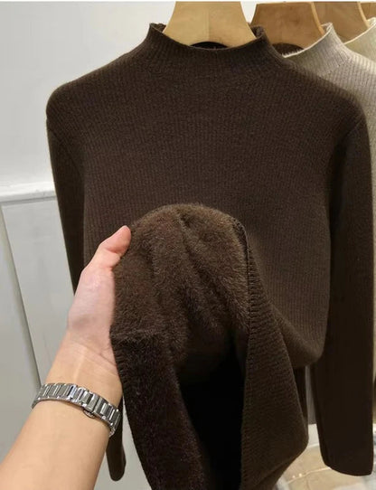 Velvet-Lined Turtleneck Knit Sweater