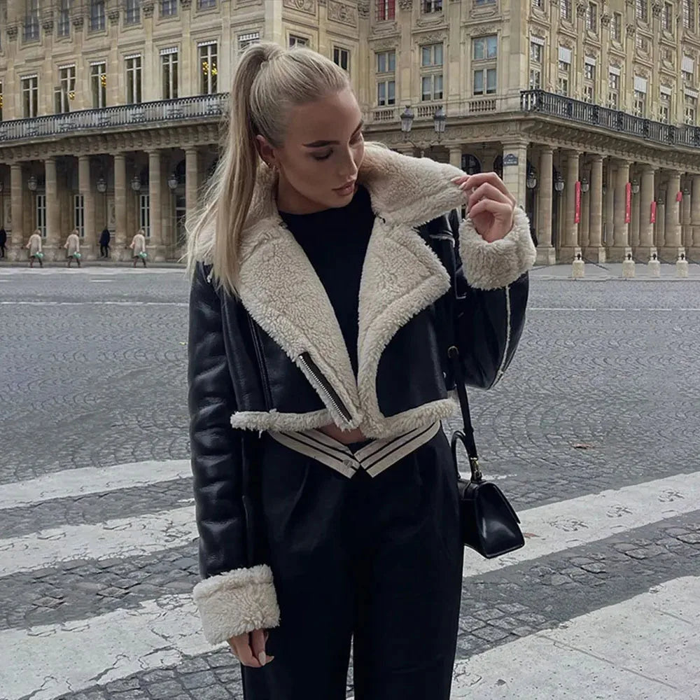 Double-Sided Shearling-Lined Cropped Leather-Effect Jacket