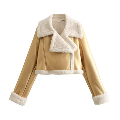 Double-Sided Shearling-Lined Cropped Leather-Effect Jacket