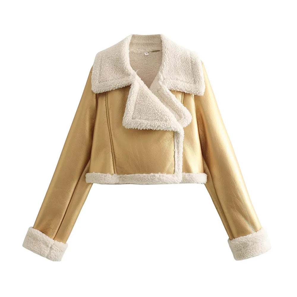 Double-Sided Shearling-Lined Cropped Leather-Effect Jacket