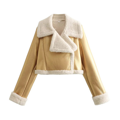 Double-Sided Shearling-Lined Cropped Leather-Effect Jacket