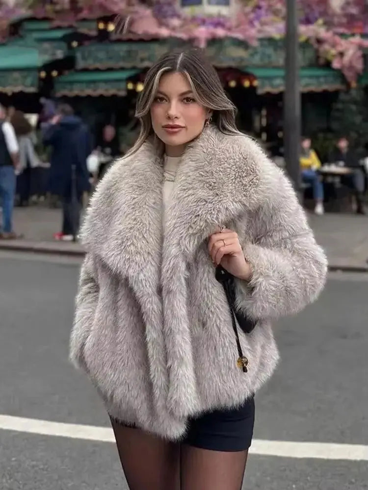 Elegant Faux Fur Loose-Fit Lapel Coat