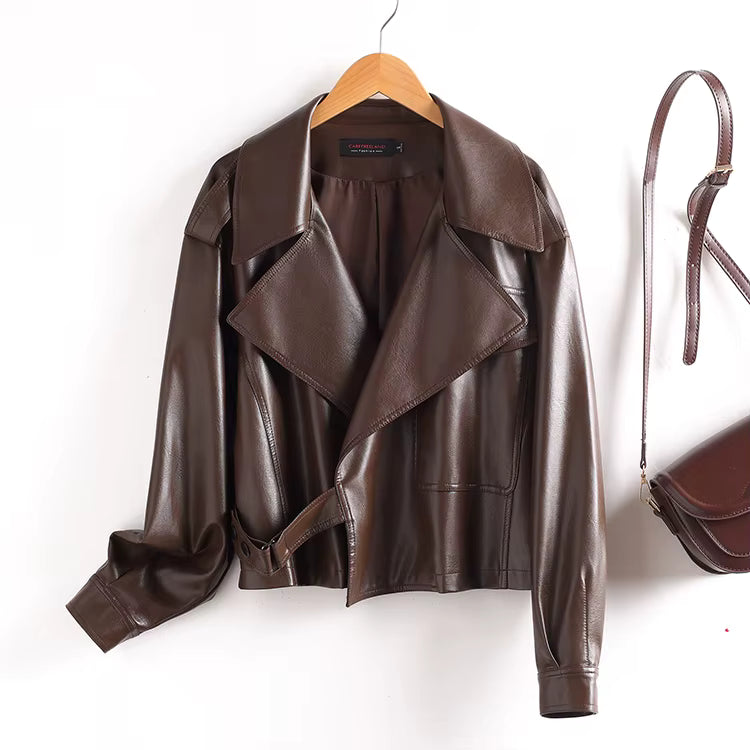 Loose-Fit Leather-Effect Jacket with Wide Lapel