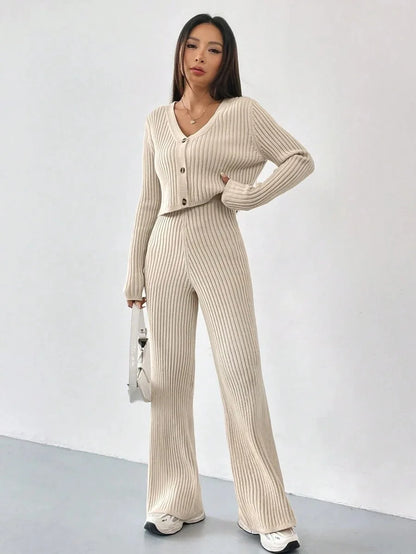 Ribbed V-Neck Cardigan Two-Piece Set