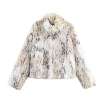Autumn Winter Leopard Faux Fur Jacket Coat Women Short Plush Stand Collar Panelled Jacket Female Warm Stylish Outerwears Lady