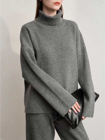 Ribbed Turtleneck Knitted Two-Piece Set