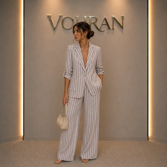 Women's striped linen blazer in beige and white — relaxed oversized fit with single button and roll-up sleeves, available at Vohran UK
