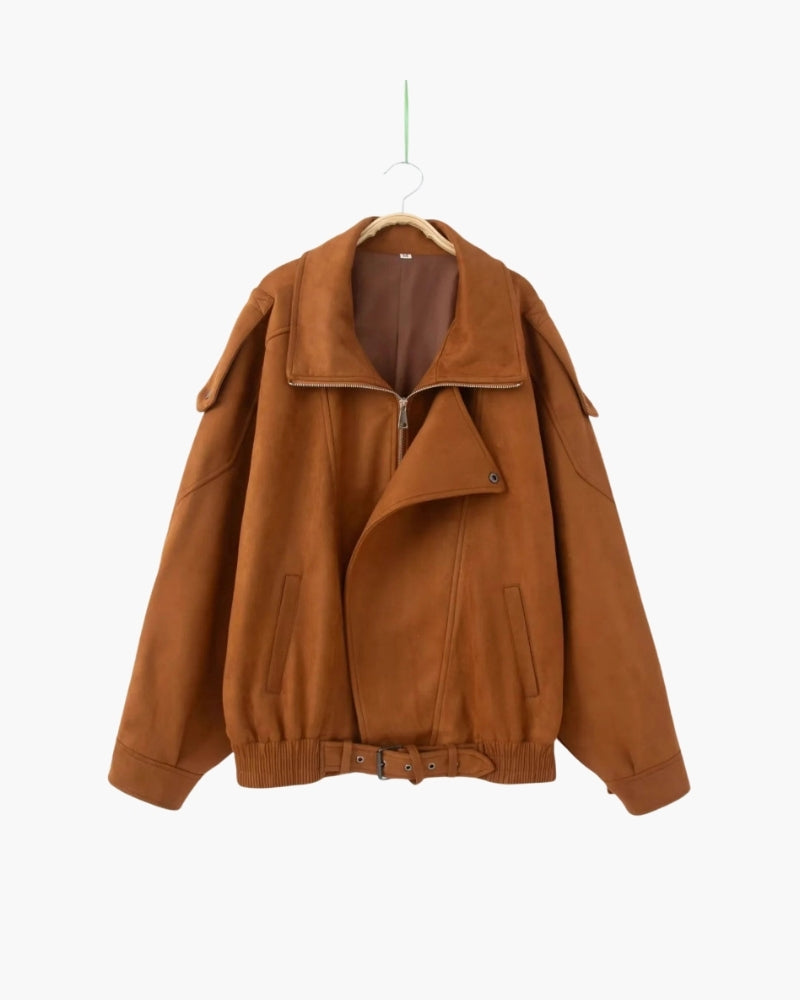 Women's vintage suede drape jacket in brown with structured lapel and shoulder flap detailing