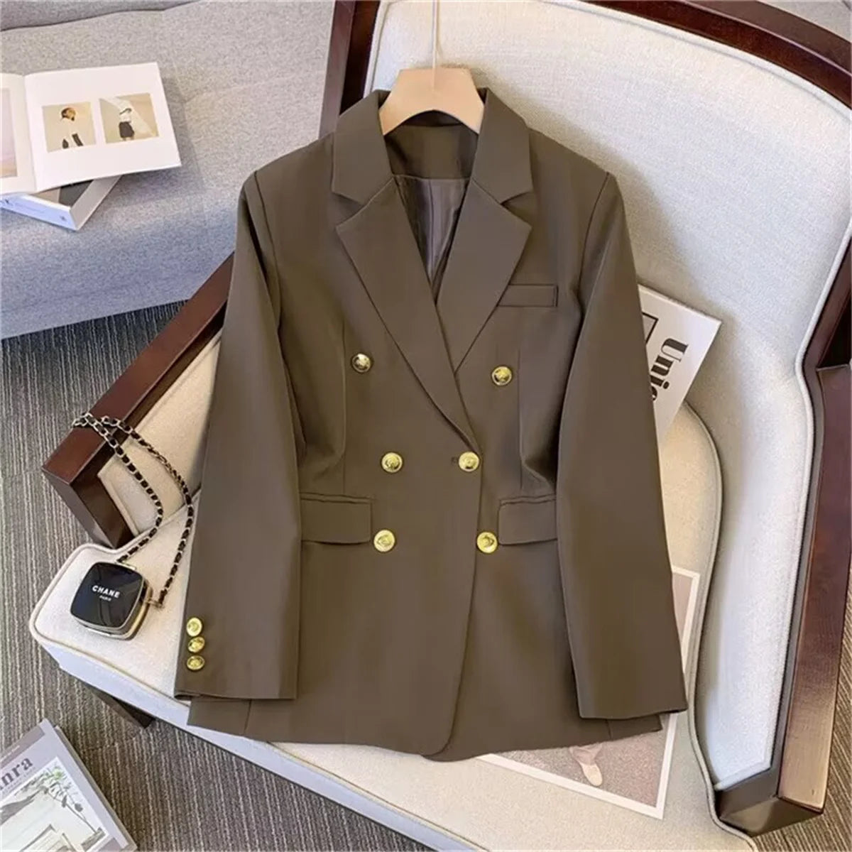 Women’s double-breasted blazer with gold buttons and elegant tailored design Vohran UK
