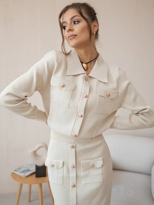 Elegant knit blazer and skirt two-piece set in autumn/winter shades – 
Vohran UK