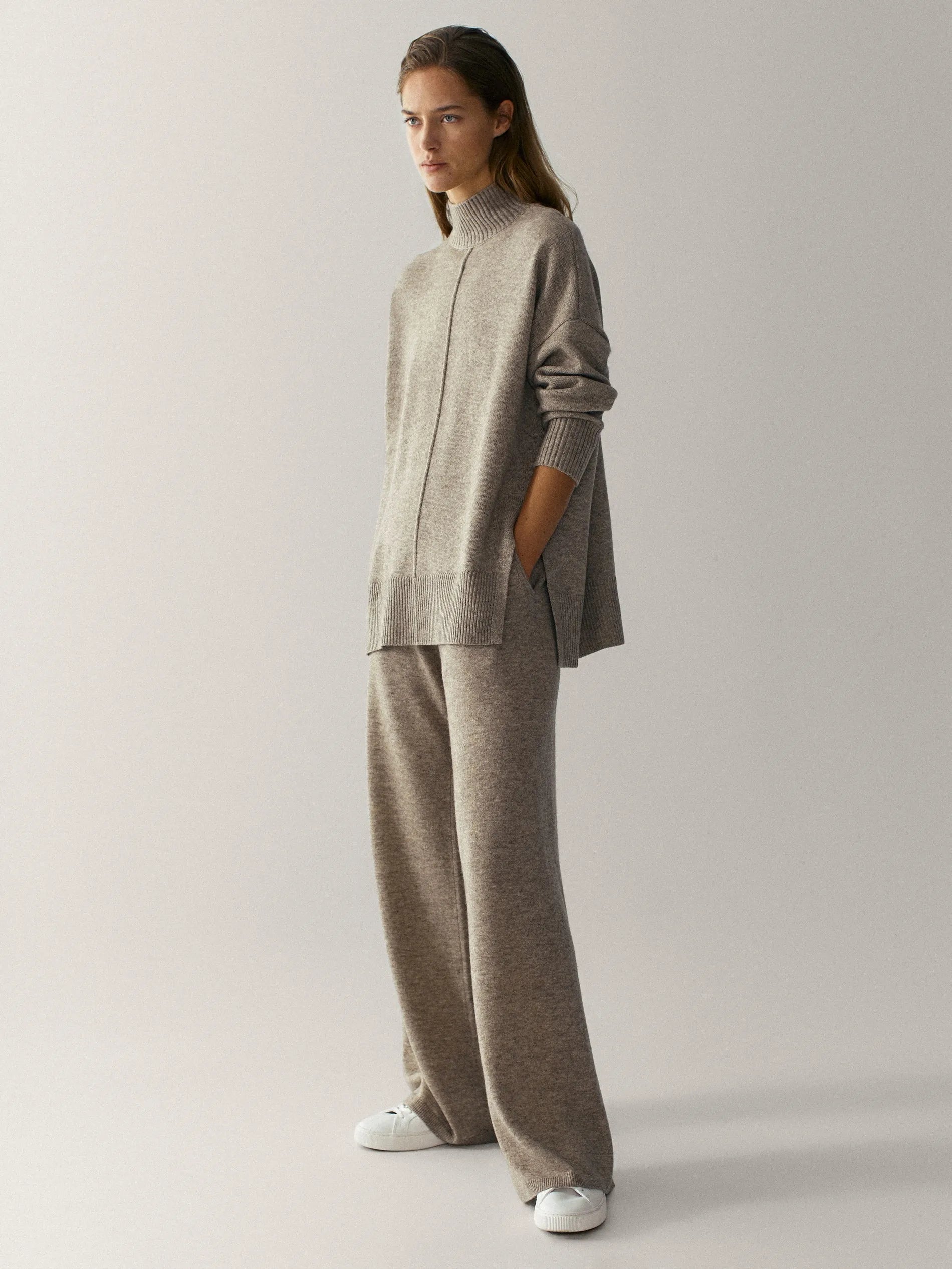 Minimalist wool-blend two-piece knitted set with oversized top and wide-leg trousers Vohran UK.