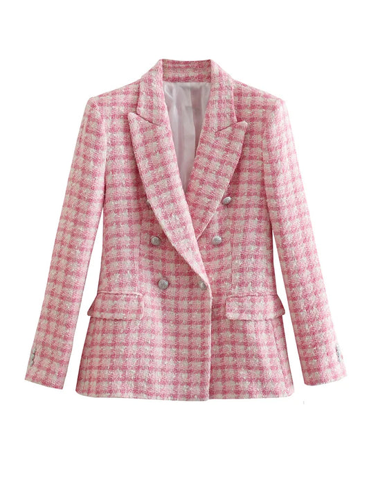 Women’s tweed double-breasted blazer with peak lapels and classic buttons by Vohran UK