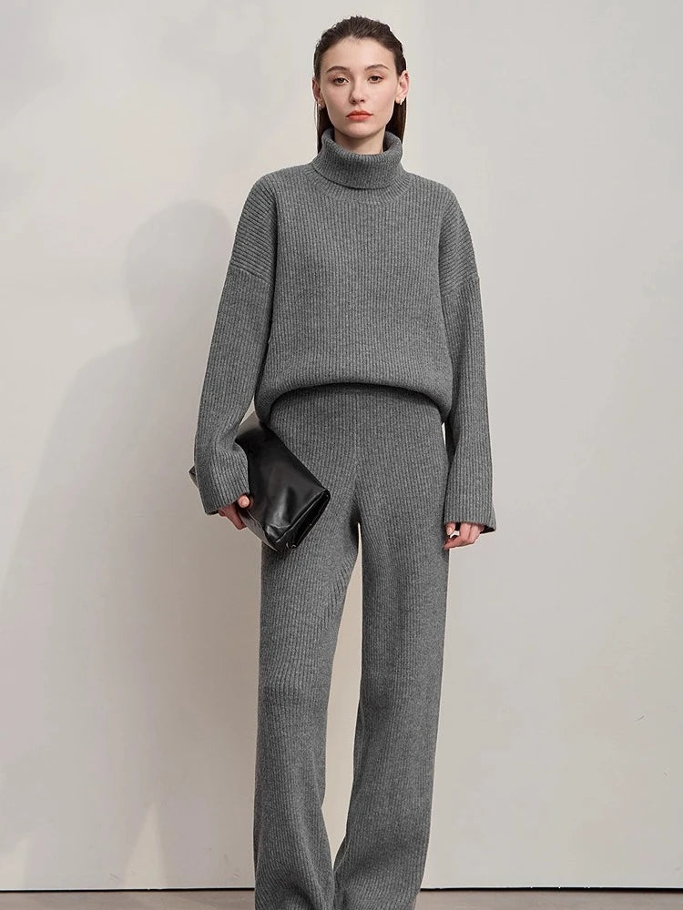 Grey ribbed knit co-ord set with turtleneck sweater and wide-leg pants Vohran UK