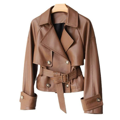 Cropped genuine leather double-breasted jacket with belt and refined detailing Vohran UK