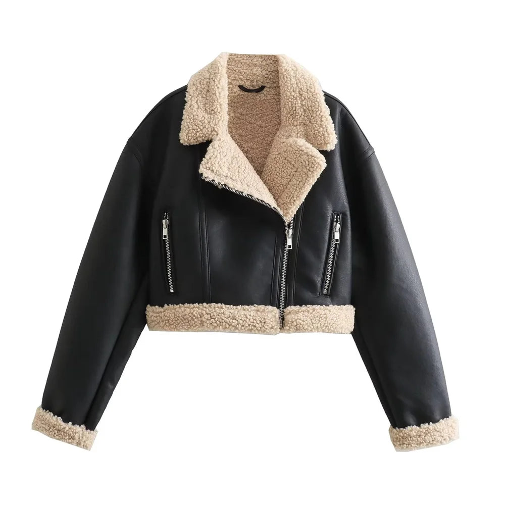 Cropped leather-effect jacket with shearling lining and exposed zippers Vohran UK