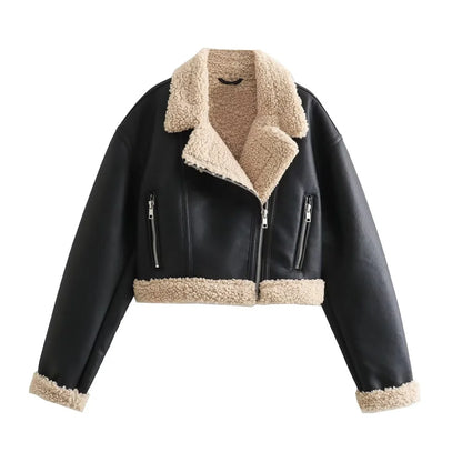 Cropped leather-effect jacket with shearling lining and exposed zippers Vohran UK