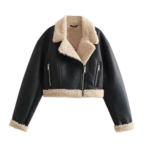 Cropped leather-effect jacket with shearling lining and exposed zippers Vohran UK