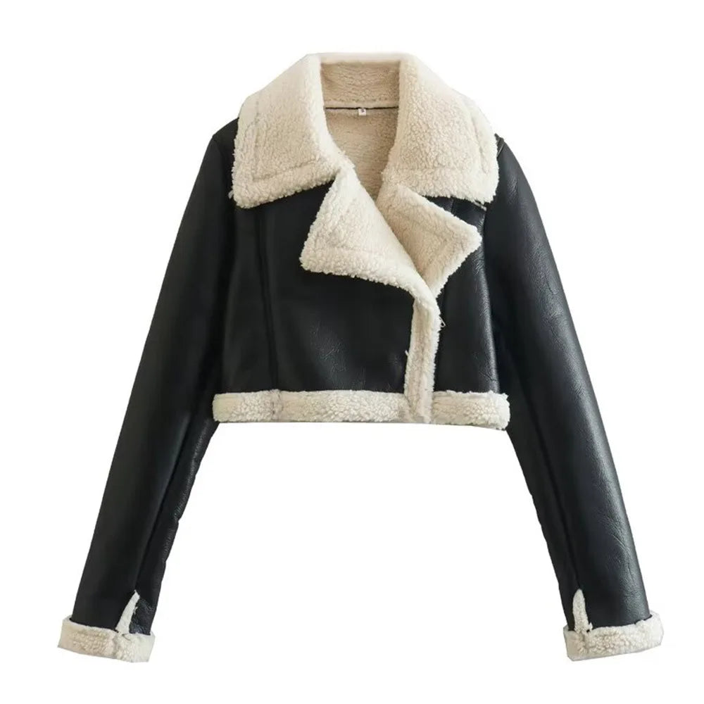 Double-sided shearling-lined cropped leather-effect jacket with wide lapel and cuff details Vohran UK