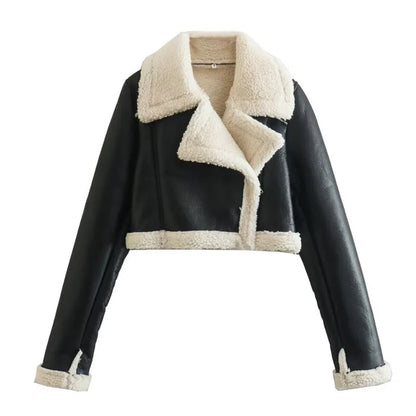 Double-sided shearling-lined cropped leather-effect jacket with wide lapel and cuff details Vohran UK