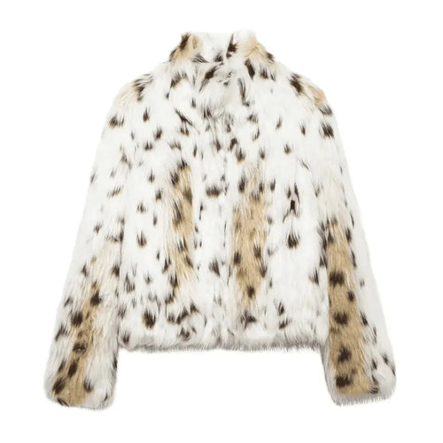 Leopard-pattern faux fur short coat with stand collar and long sleeves Vohran UK