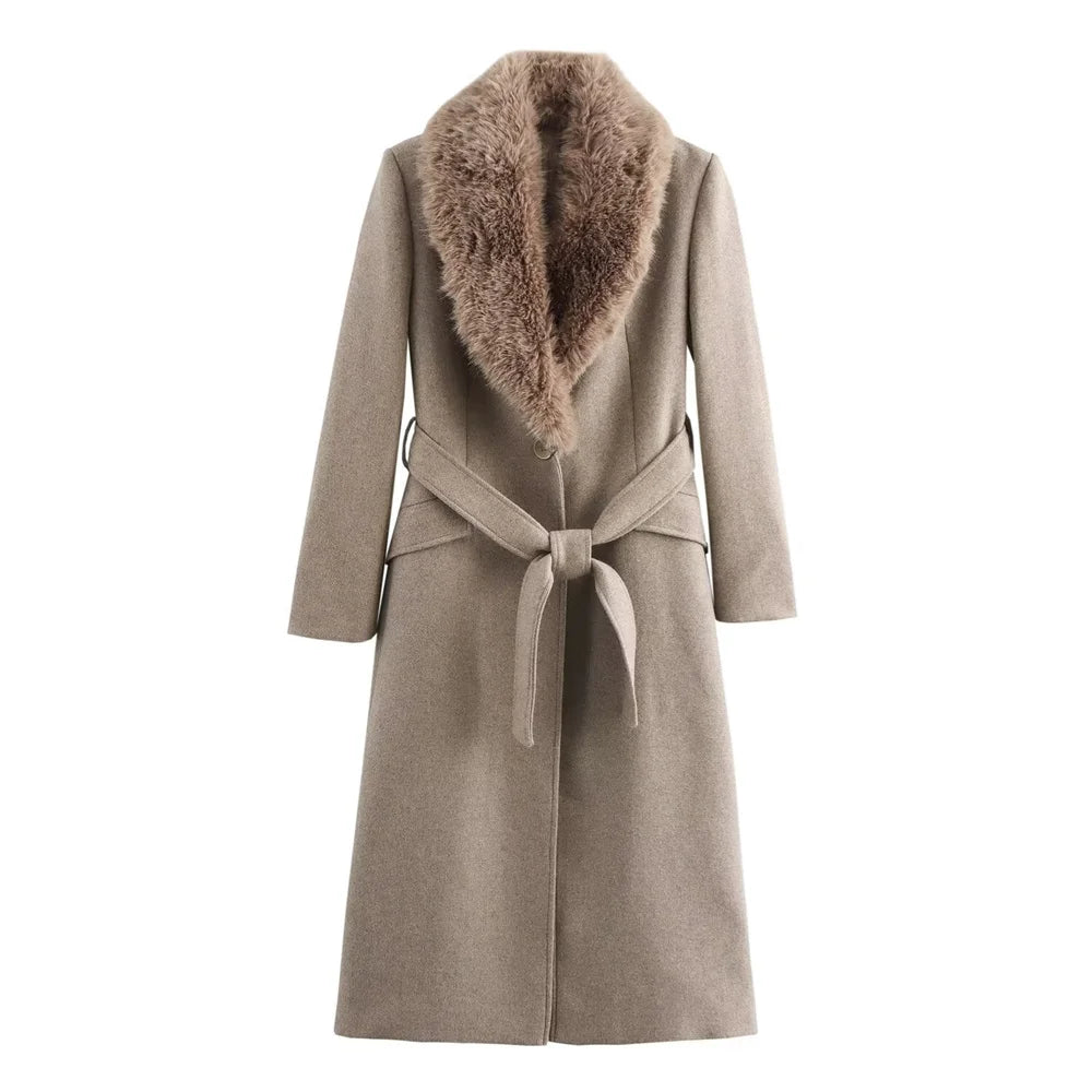 Long belted coat with faux fur lapel and long sleeves Vohran UK