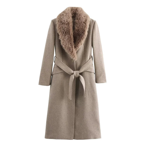 Long belted coat with faux fur lapel and long sleeves Vohran UK