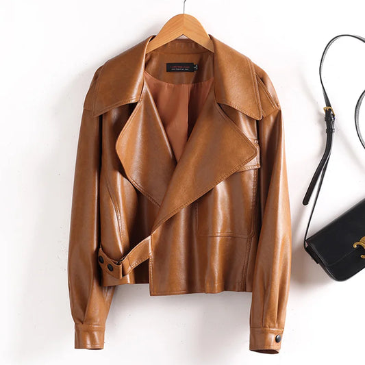 Loose-fit leather-effect jacket with wide lapel and long sleeves Vohran UK
