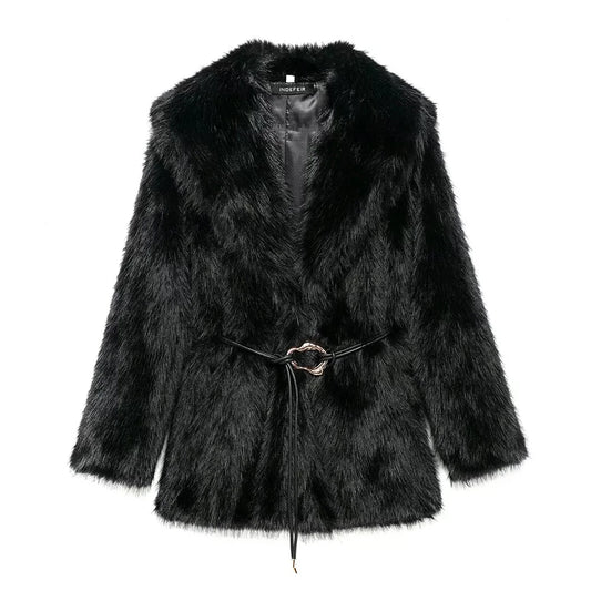 Medium-length faux fur coat with belt detail and lapel collar Vohran UK