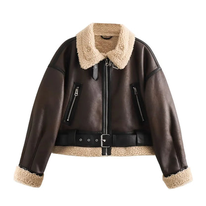 Short leather-effect winter jacket with shearling lining, zipper closure and belt detail Vohran UK