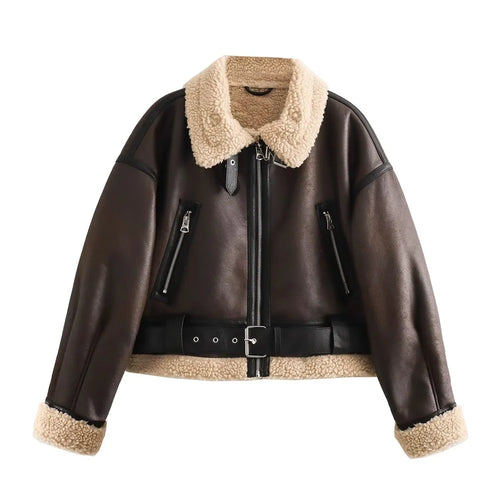 Short leather-effect winter jacket with shearling lining, zipper closure and belt detail Vohran UK
